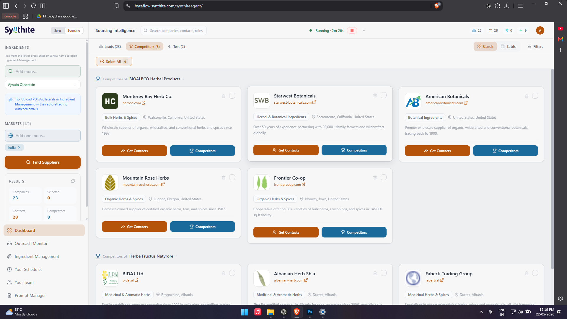 Synthite sourcing view showing supplier companies