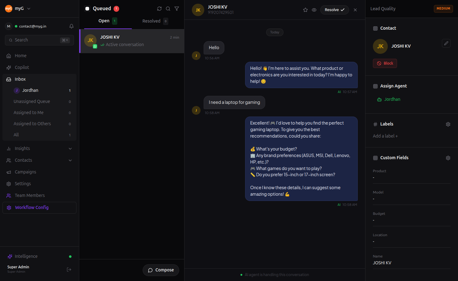 myG Sales Bot answering a customer on WhatsApp, built on Byteflow