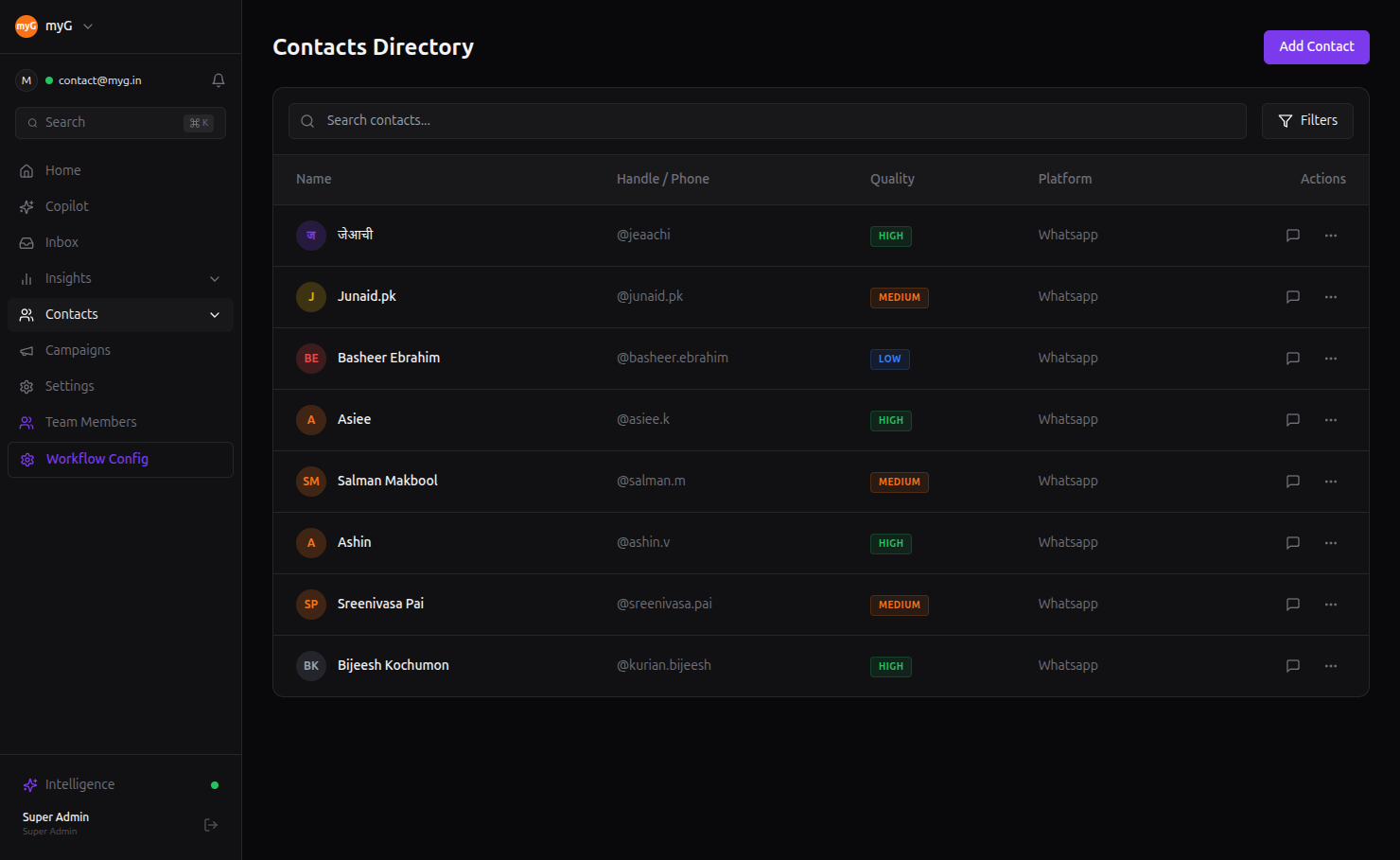 myG contacts directory with auto-classified lead quality