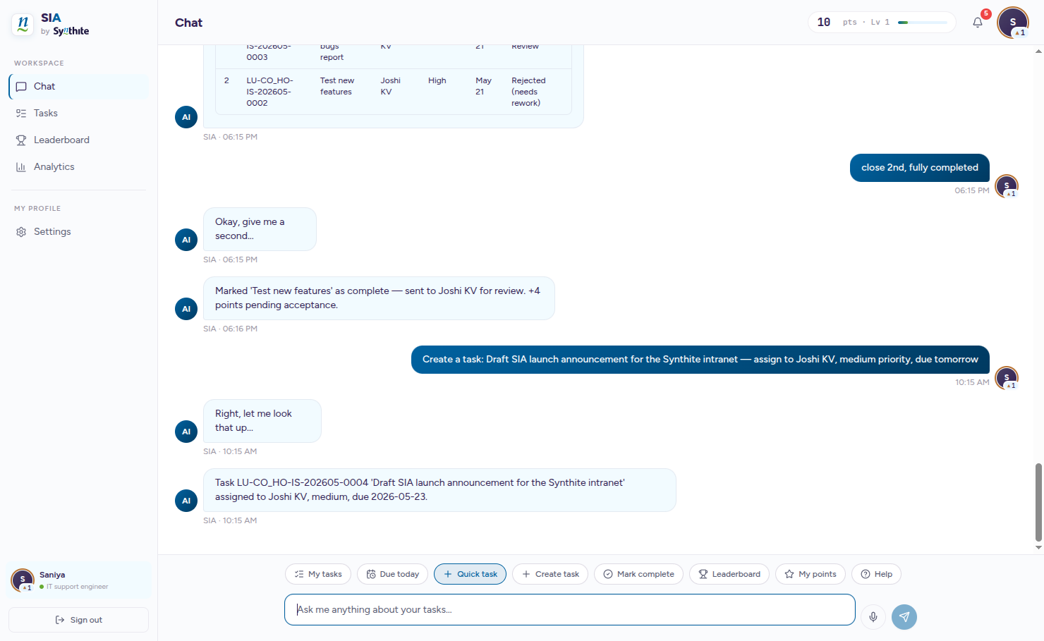 An employee describing a task to SIA in plain language